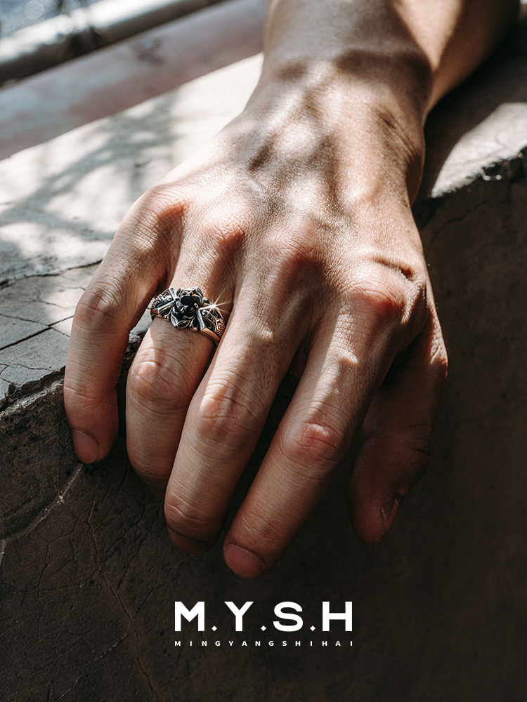 S925 Silver Vintage Black Onyx Wide Ring