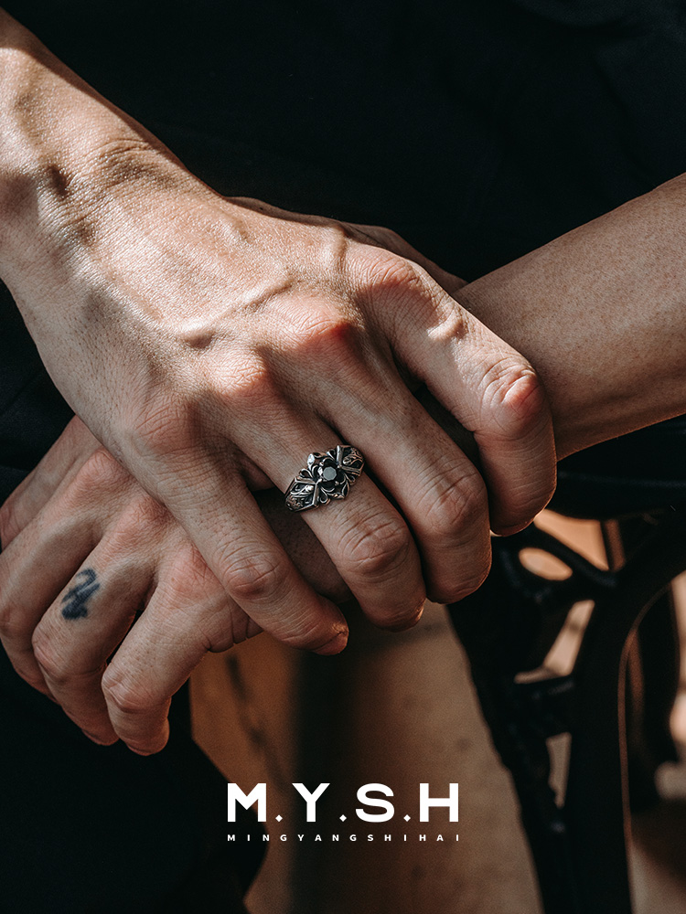 S925 Silver Vintage Black Onyx Wide Ring