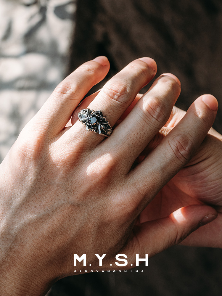 S925 Silver Vintage Black Onyx Wide Ring