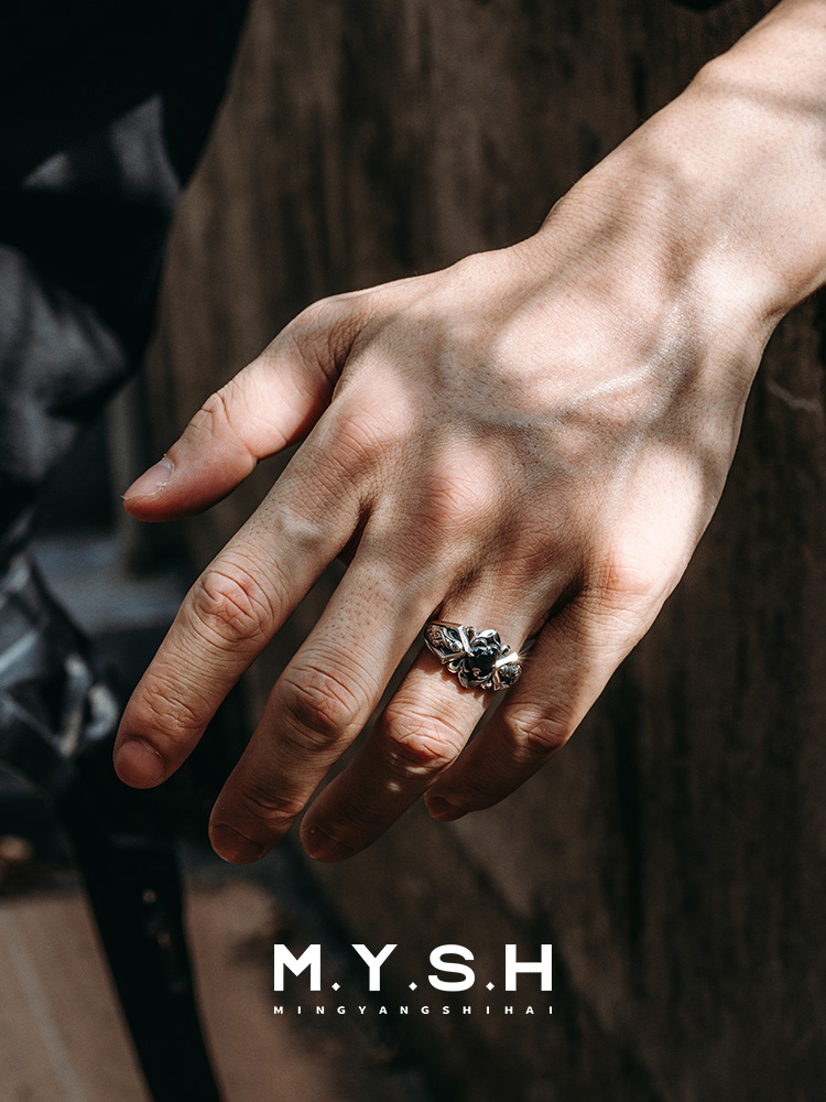 S925 Silver Vintage Black Onyx Wide Ring