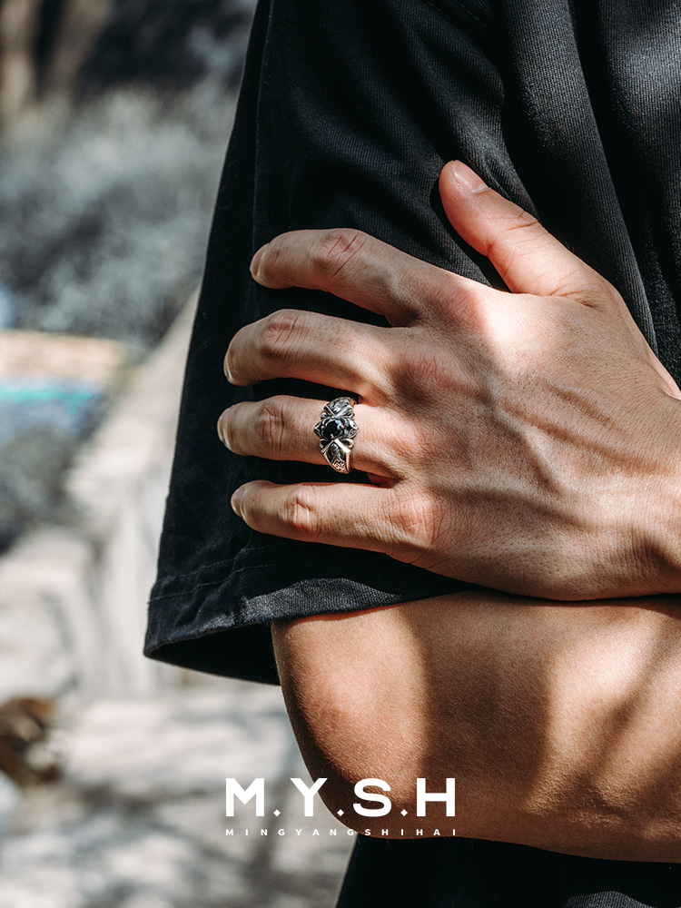 S925 Silver Vintage Black Onyx Wide Ring