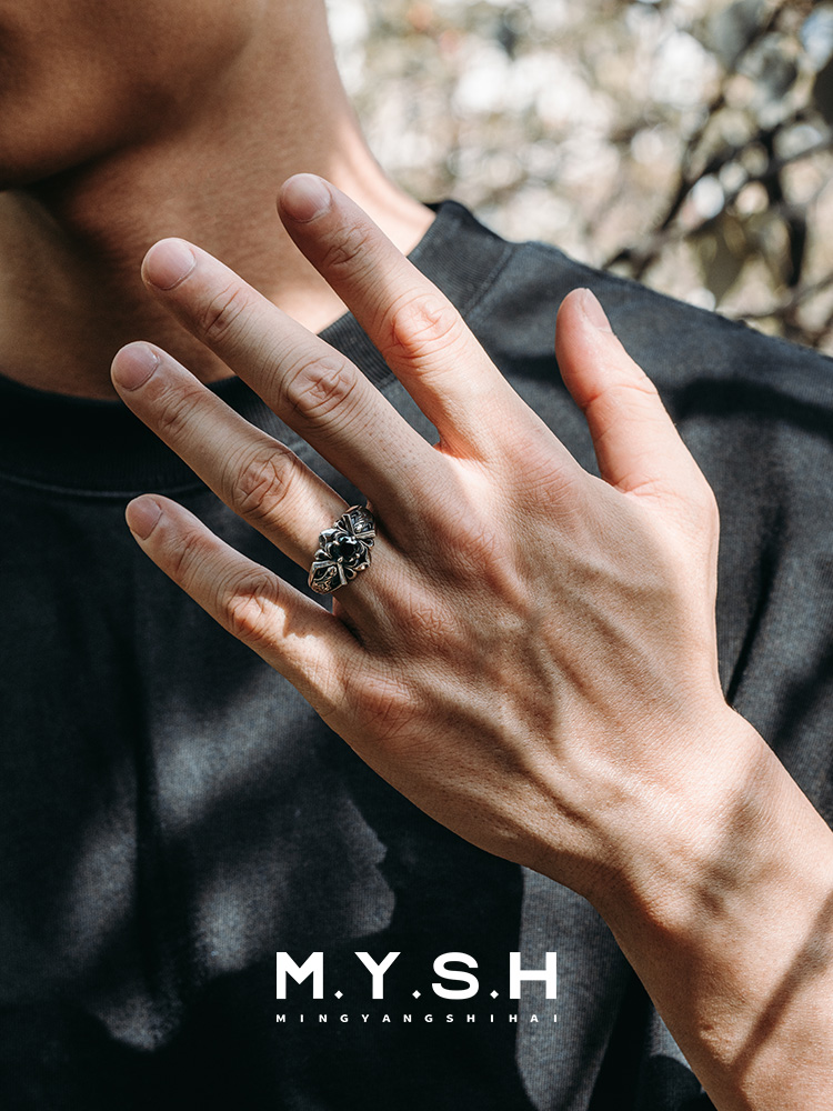 S925 Silver Vintage Black Onyx Wide Ring