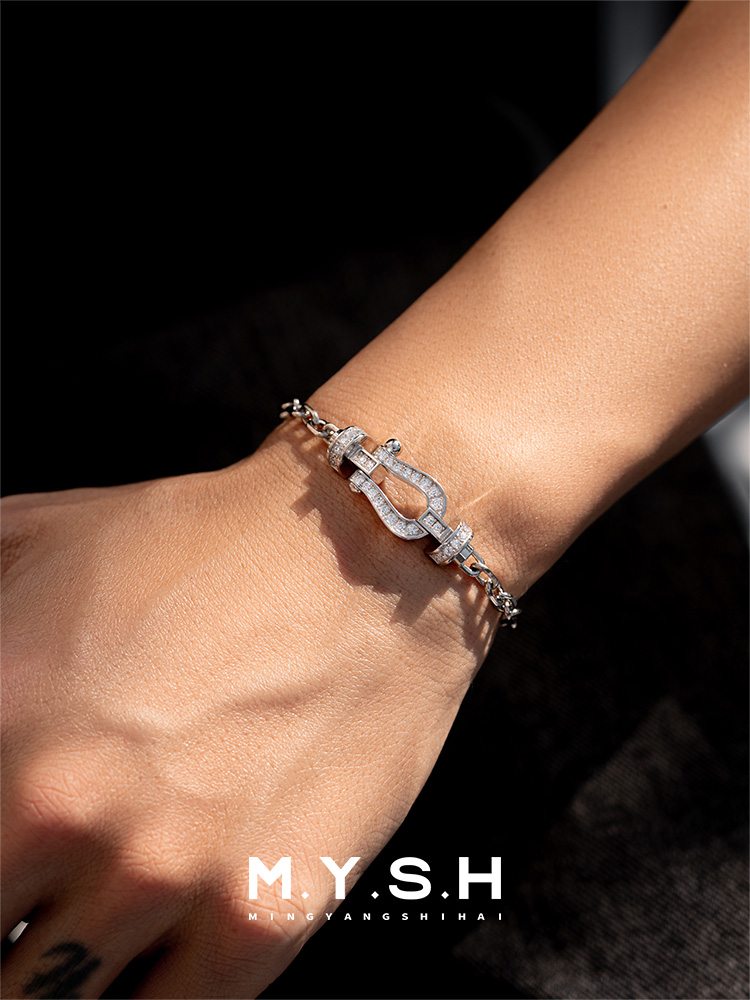 S925 Silver Full Pave Horseshoe Clasp Bracelet