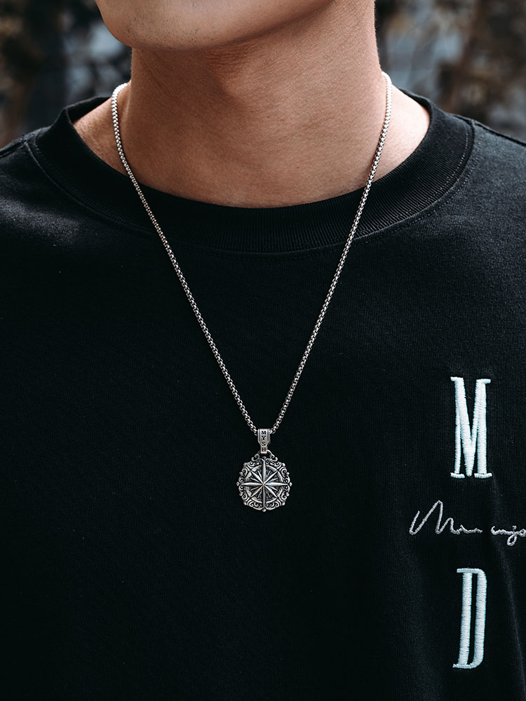S925 Silver Vintage Compass Pendant Necklace