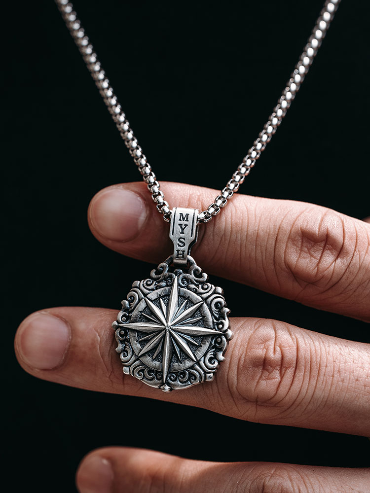 S925 Silver Vintage Compass Pendant Necklace