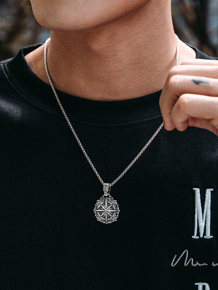 S925 Silver Vintage Compass Pendant Necklace