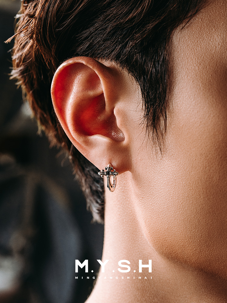 S925 Silver Fleur-de-Lis Cross Hoop Earrings