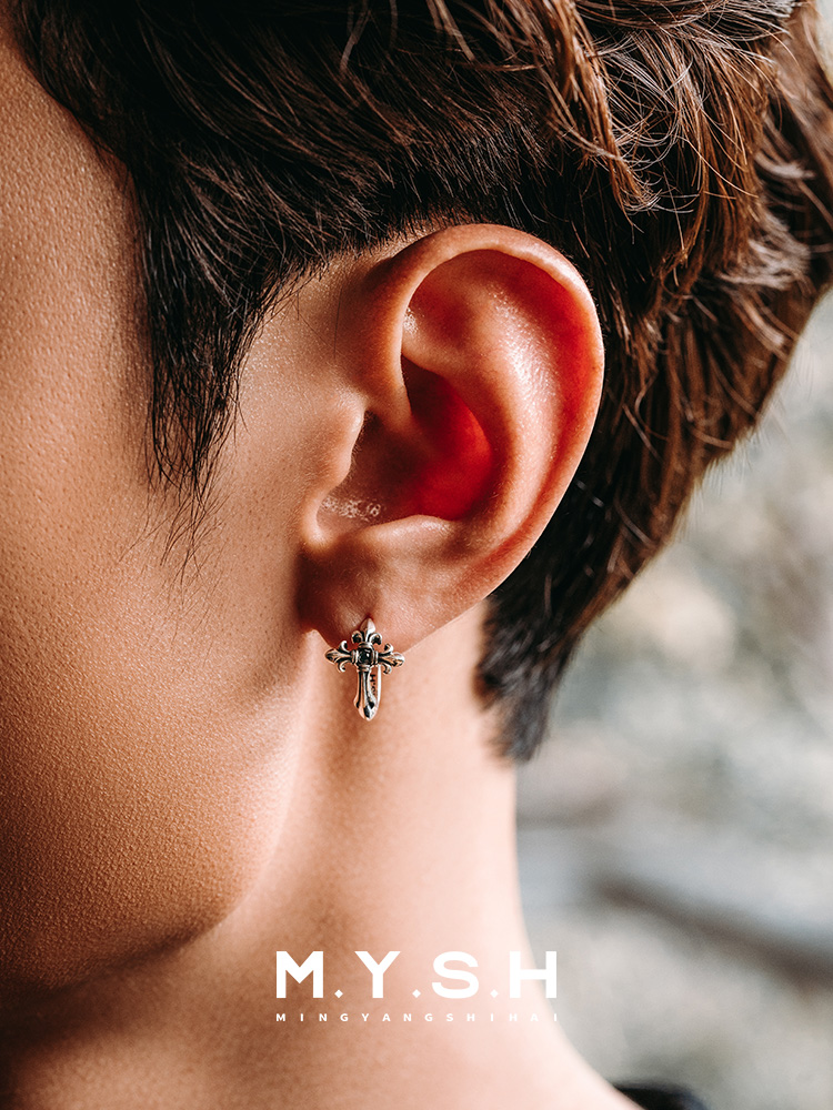 S925 Silver Fleur-de-Lis Cross Hoop Earrings