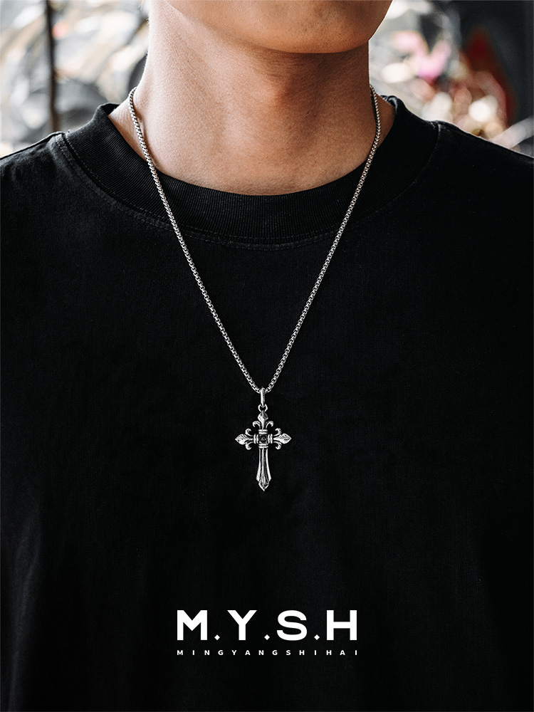 S925 Silver Fleur-de-Lis Cross Pendant Necklace