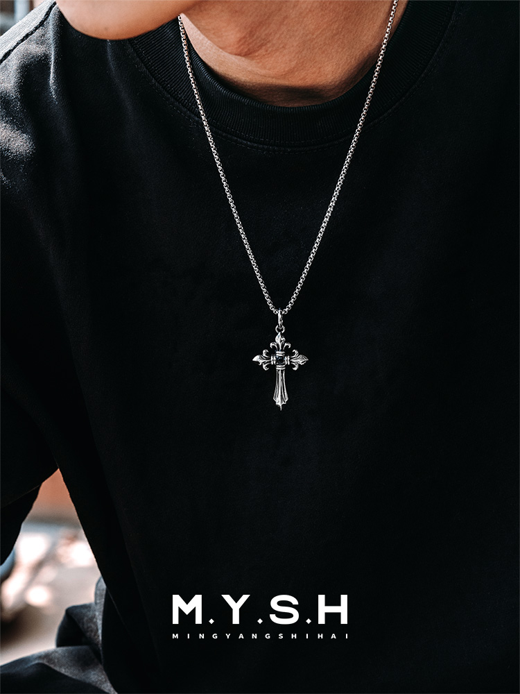 S925 Silver Fleur-de-Lis Cross Pendant Necklace