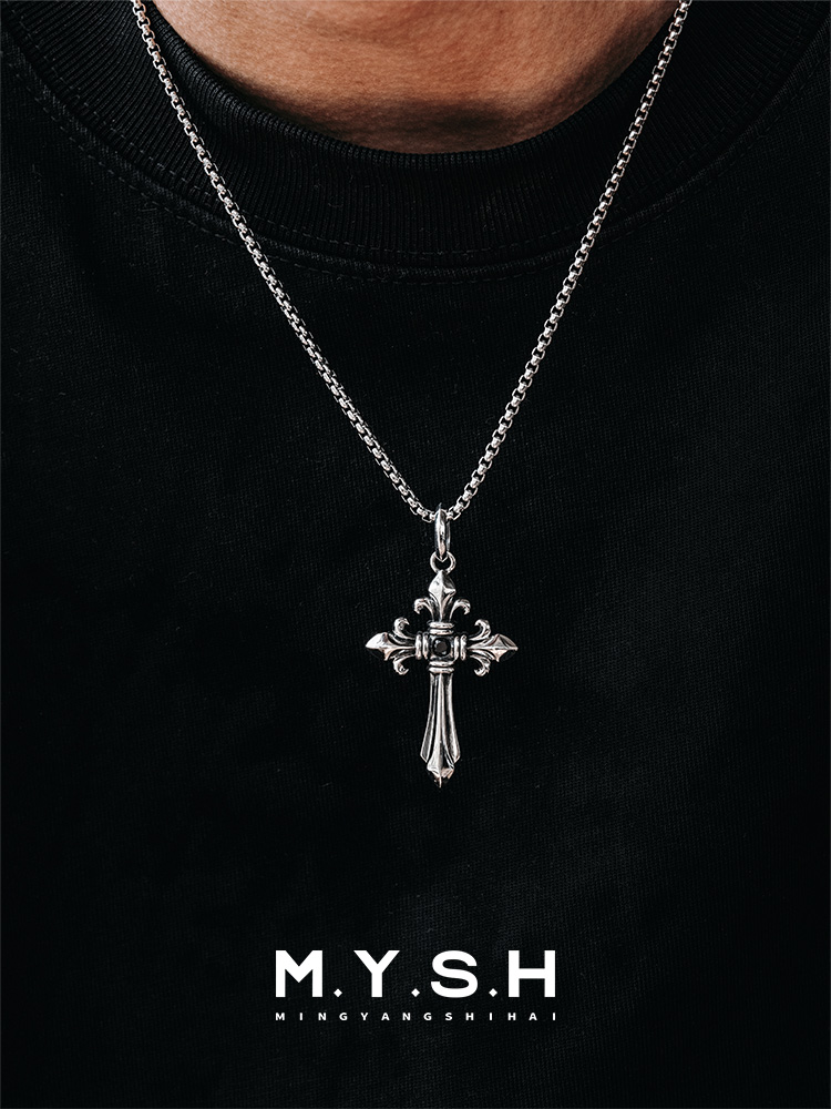 S925 Silver Fleur-de-Lis Cross Pendant Necklace