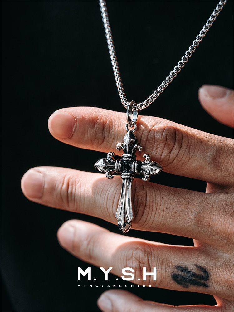 S925 Silver Fleur-de-Lis Cross Pendant Necklace