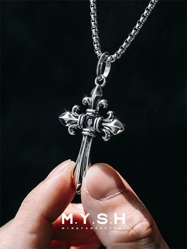 S925 Silver Fleur-de-Lis Cross Pendant Necklace