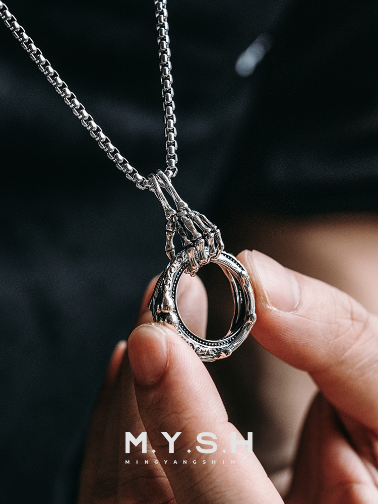 S925 Silver Skeleton Hand Ring of Hope Pendant Necklace