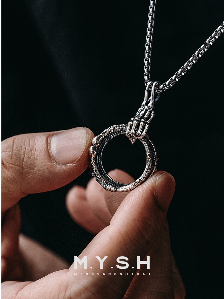 S925 Silver Skeleton Hand Ring of Hope Pendant Necklace