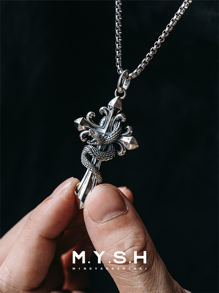 S925 Silver Serpent & Fleur-de-Lis Cross Pendant Necklace