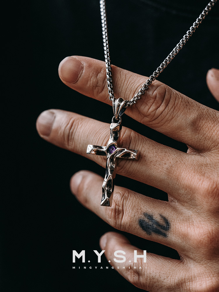 S925 Silver Organic Textured Cross Pendant Necklace