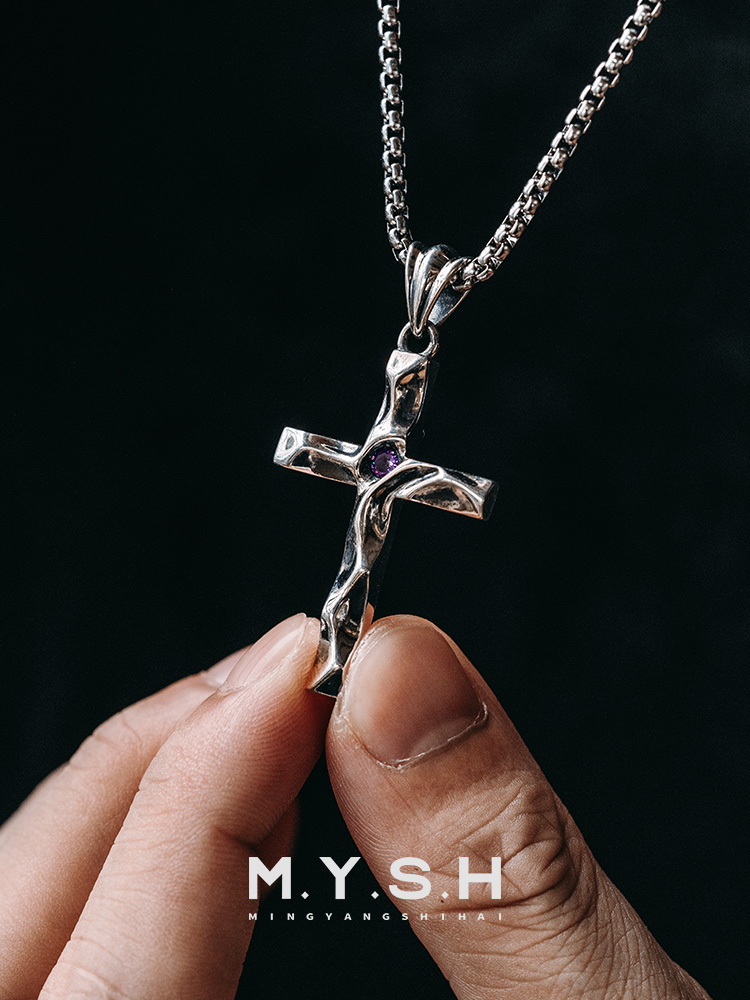 S925 Silver Organic Textured Cross Pendant Necklace