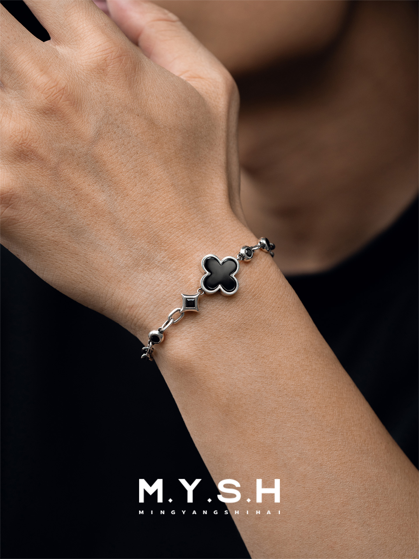 S925 Silver Black Agate Four-Leaf Clover Bracelet for Men