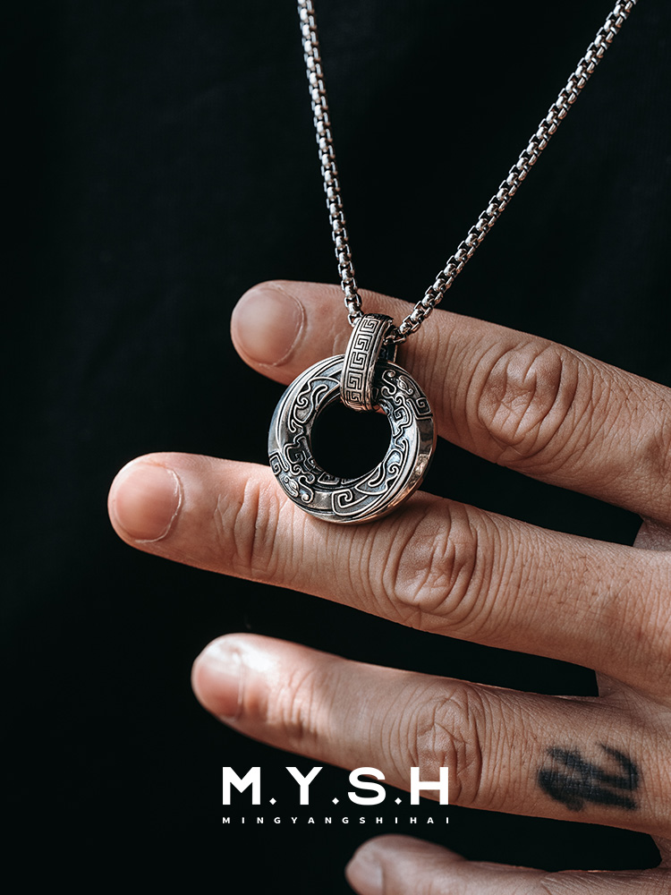 S925 Silver Dragon & Greek Key Pendant Necklace