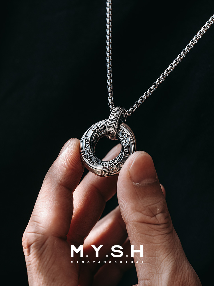 S925 Silver Dragon & Greek Key Pendant Necklace