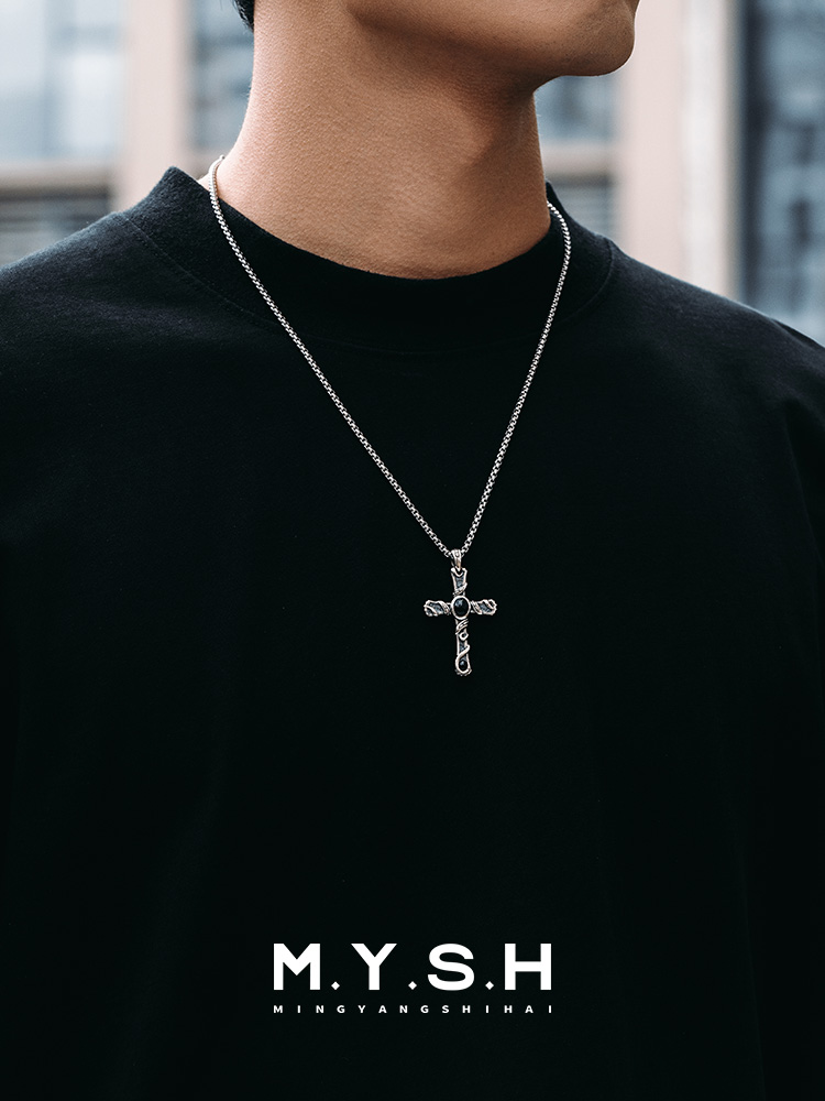 S925 Silver Black Onyx Wrapped Cross Pendant Necklace