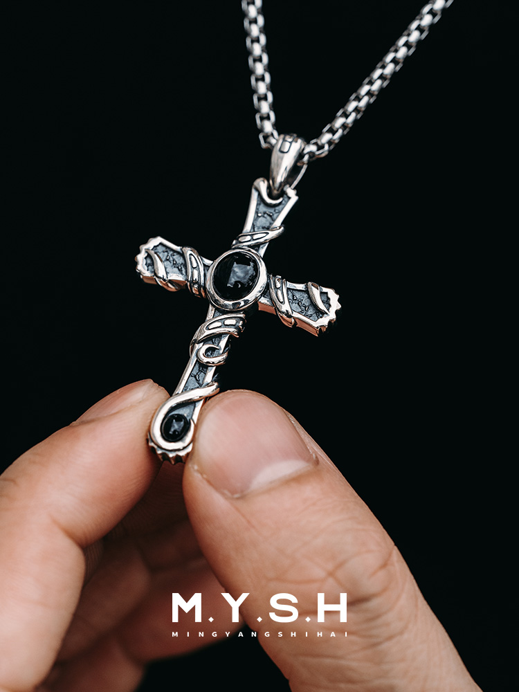 S925 Silver Black Onyx Wrapped Cross Pendant Necklace
