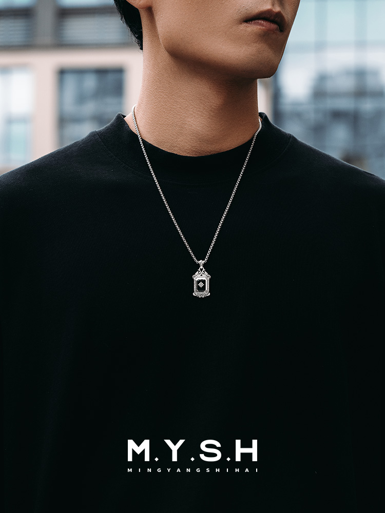 S925 Silver Black Onyx Rectangle Diamond-Accented Pendant Necklace