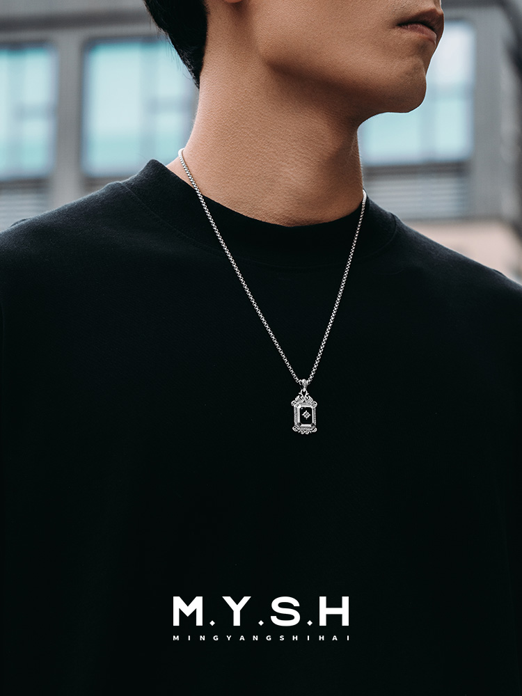 S925 Silver Black Onyx Rectangle Diamond-Accented Pendant Necklace