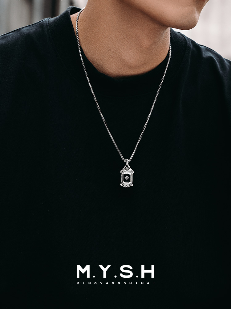 S925 Silver Black Onyx Rectangle Diamond-Accented Pendant Necklace