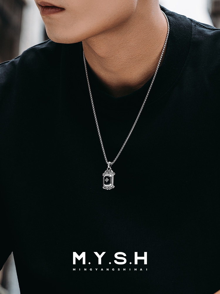 S925 Silver Black Onyx Rectangle Diamond-Accented Pendant Necklace