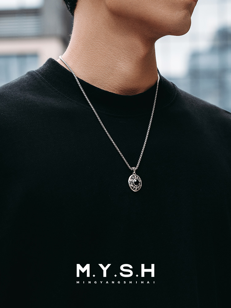 S925 Silver Black Onyx Mirror of the Night Pendant Necklace