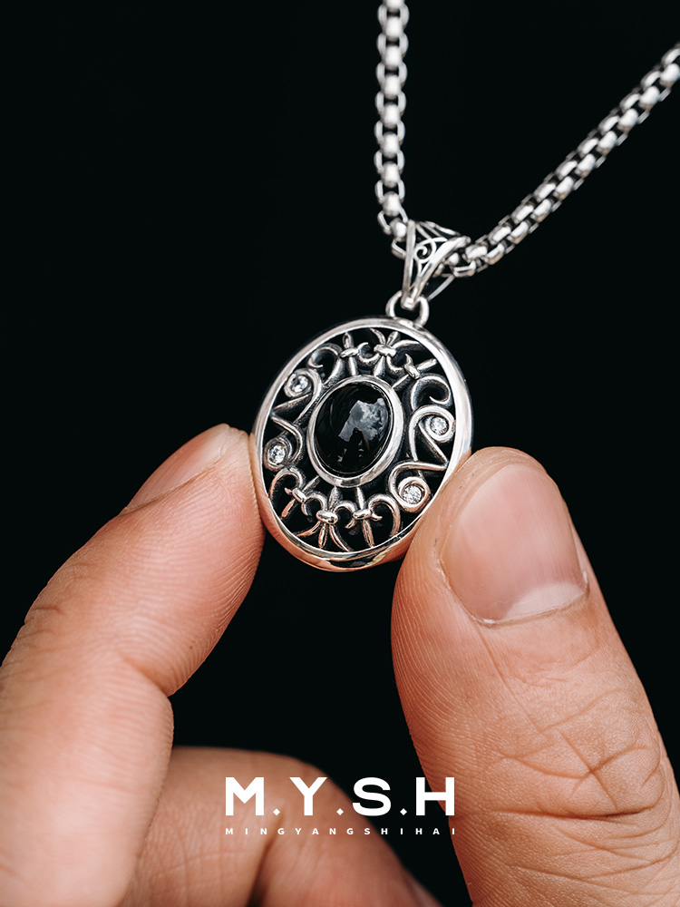 S925 Silver Black Onyx Mirror of the Night Pendant Necklace
