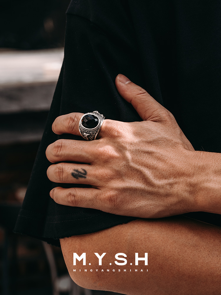 S925 Silver 3D Serpent King Black Onyx Statement Ring