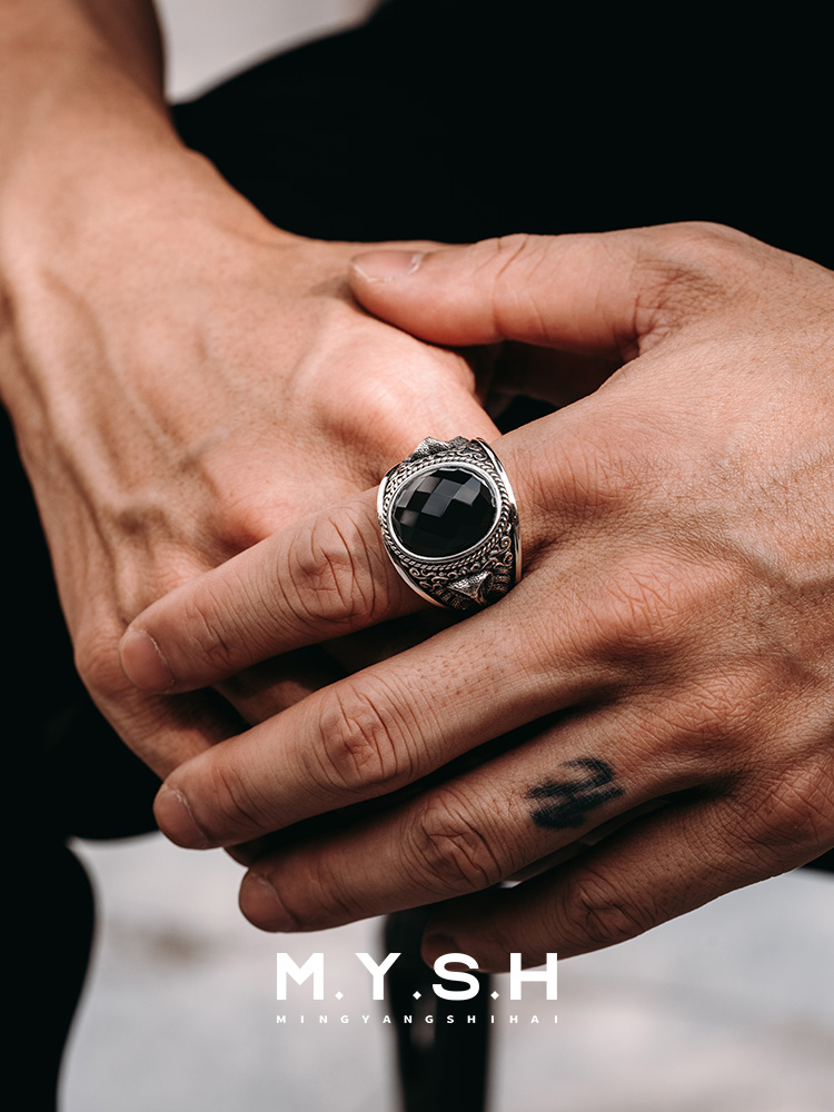 S925 Silver 3D Serpent King Black Onyx Statement Ring