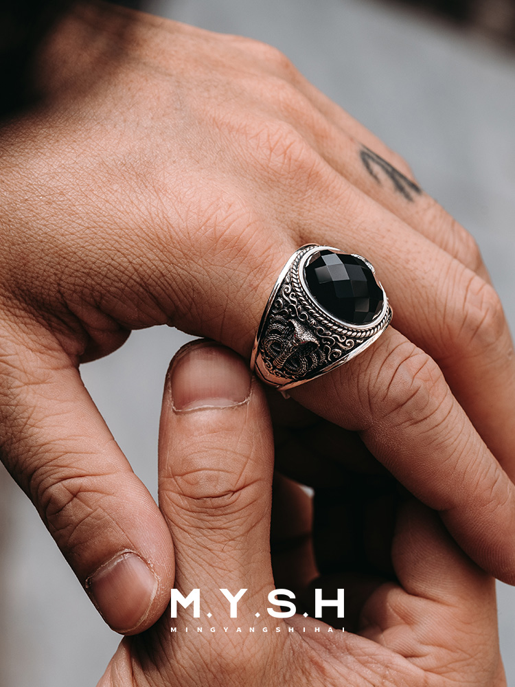 S925 Silver 3D Serpent King Black Onyx Statement Ring