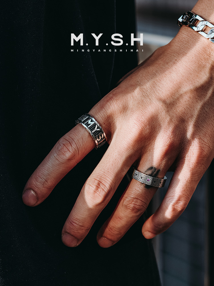 S925 Silver Vintage Black & Red Gem Wide Band Ring