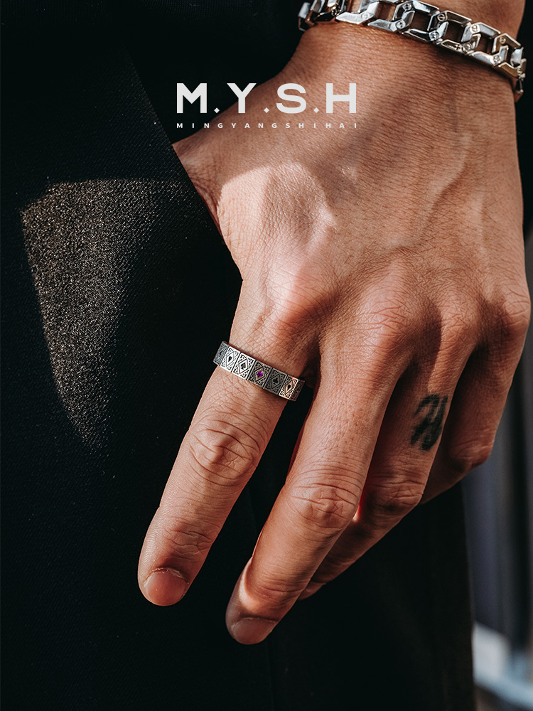 S925 Silver Vintage Black & Red Gem Wide Band Ring