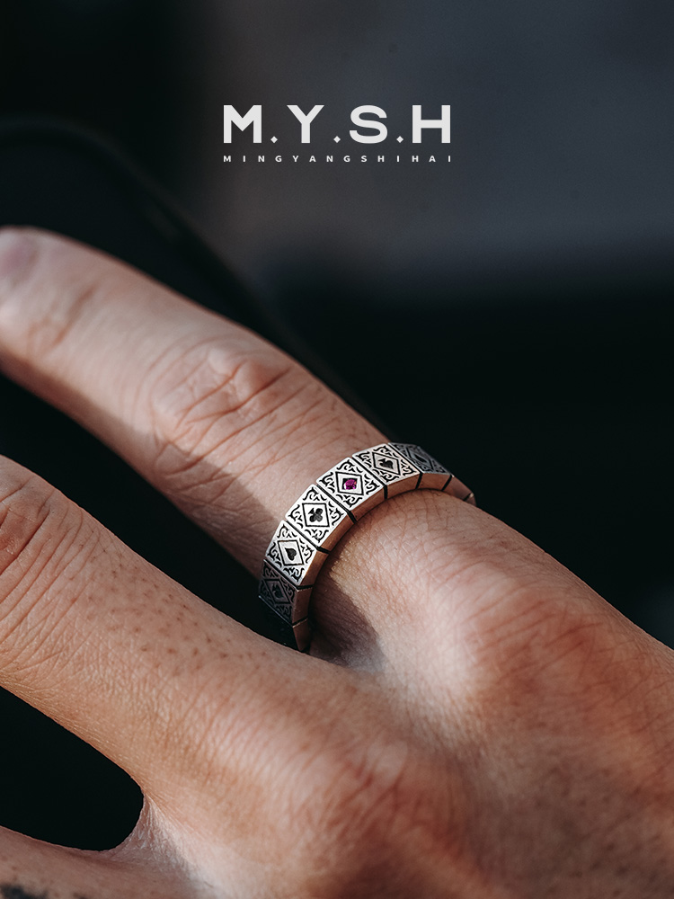 S925 Silver Vintage Black & Red Gem Wide Band Ring