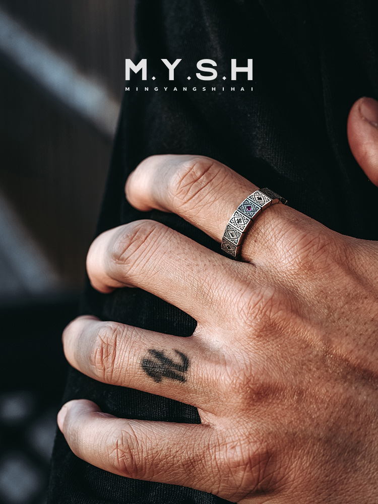 S925 Silver Vintage Black & Red Gem Wide Band Ring