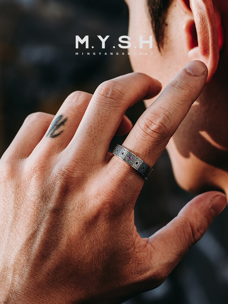 S925 Silver Vintage Black & Red Gem Wide Band Ring