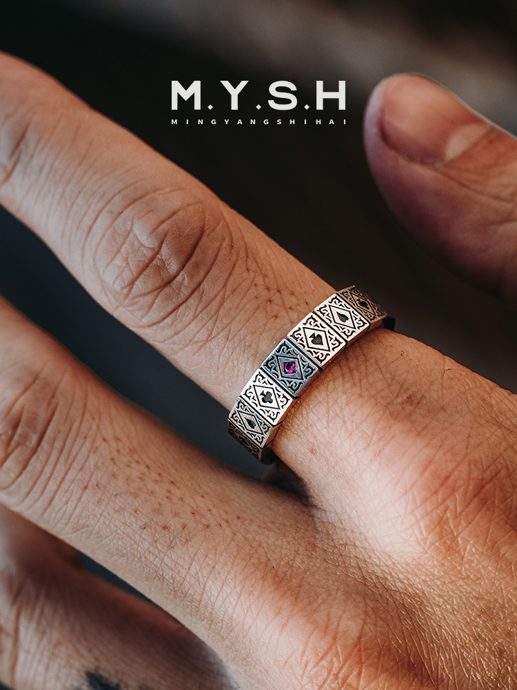 S925 Silver Vintage Black & Red Gem Wide Band Ring