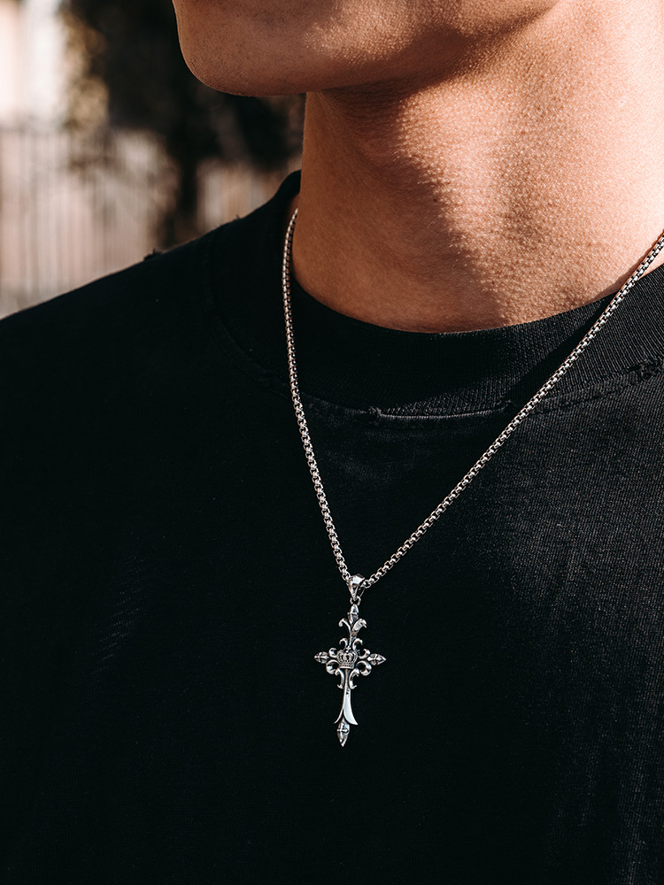 S925 Silver Crowned Cross Pendant Necklace