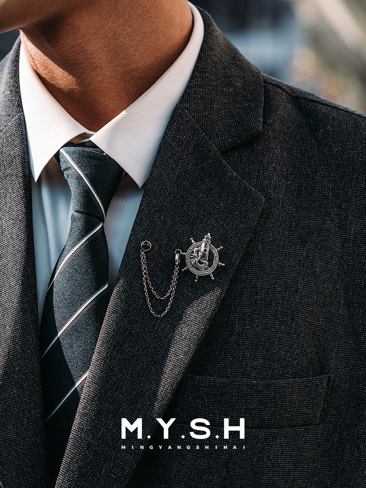 S925 Silver Lighthouse Ship Wheel Lapel Pin