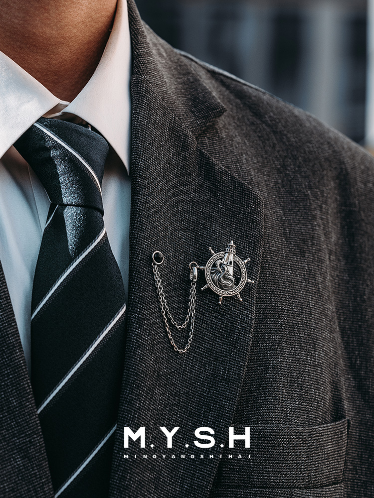 S925 Silver Lighthouse Ship Wheel Lapel Pin