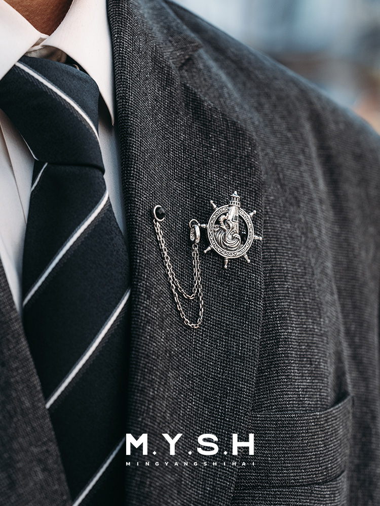 S925 Silver Lighthouse Ship Wheel Lapel Pin