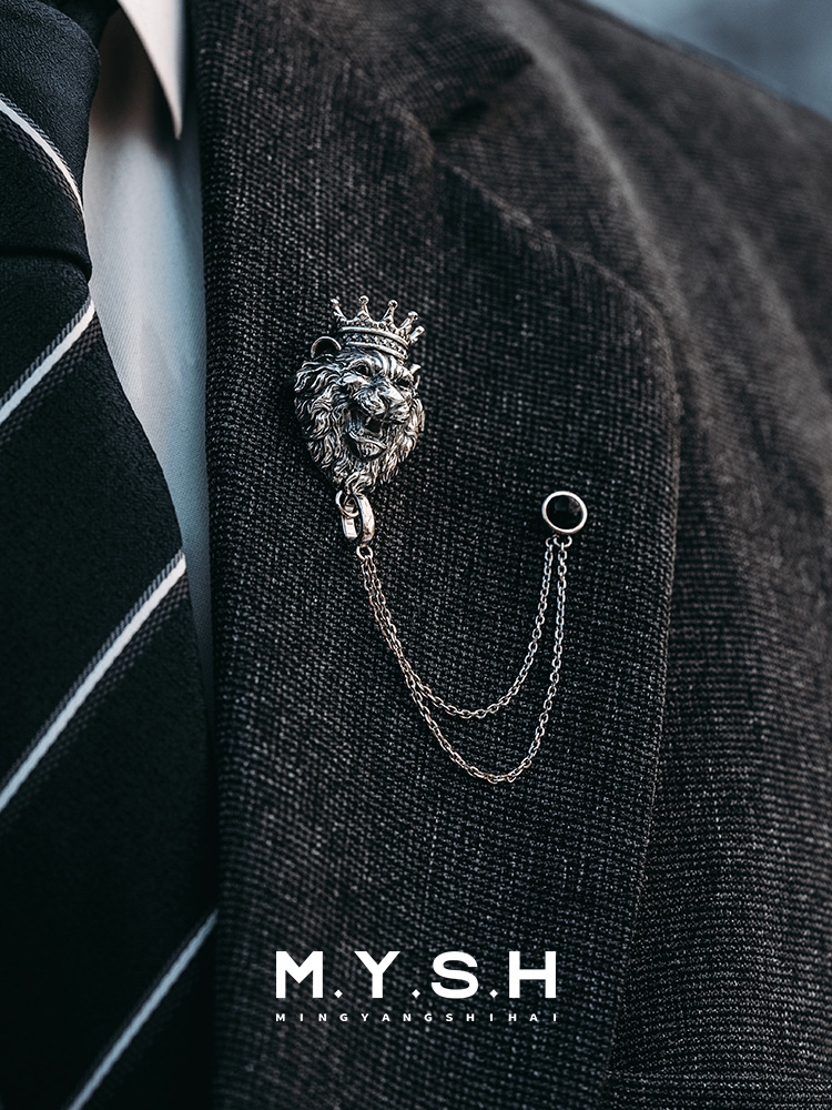 S925 Silver 3D Crowned Lion Lapel Pin (Double Wear)