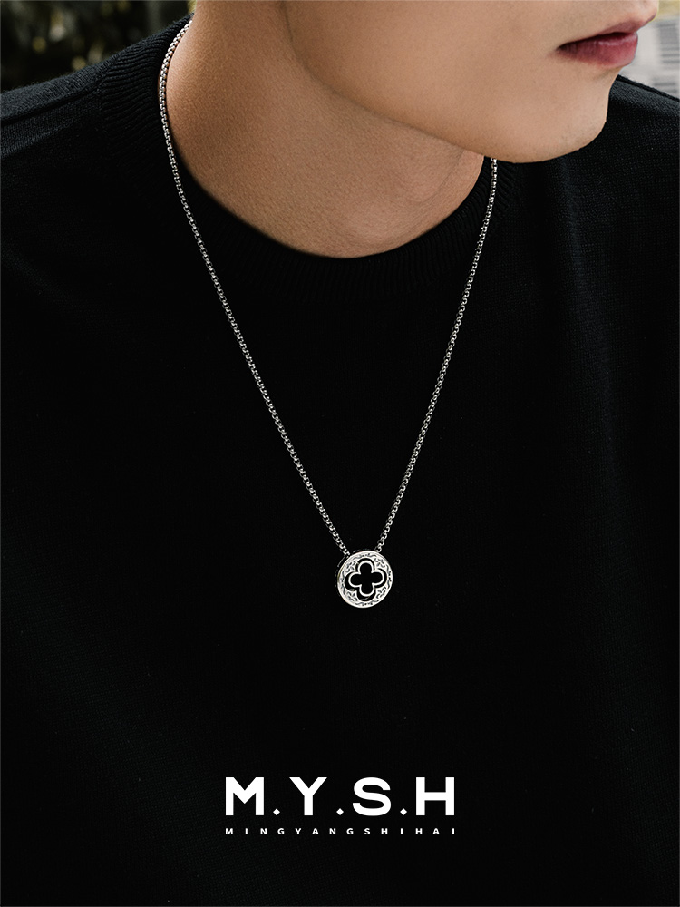 S925 Silver Natural Black Agate Four-Leaf Clover Pendant Necklace