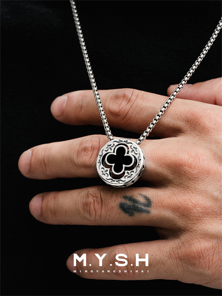 S925 Silver Natural Black Agate Four-Leaf Clover Pendant Necklace