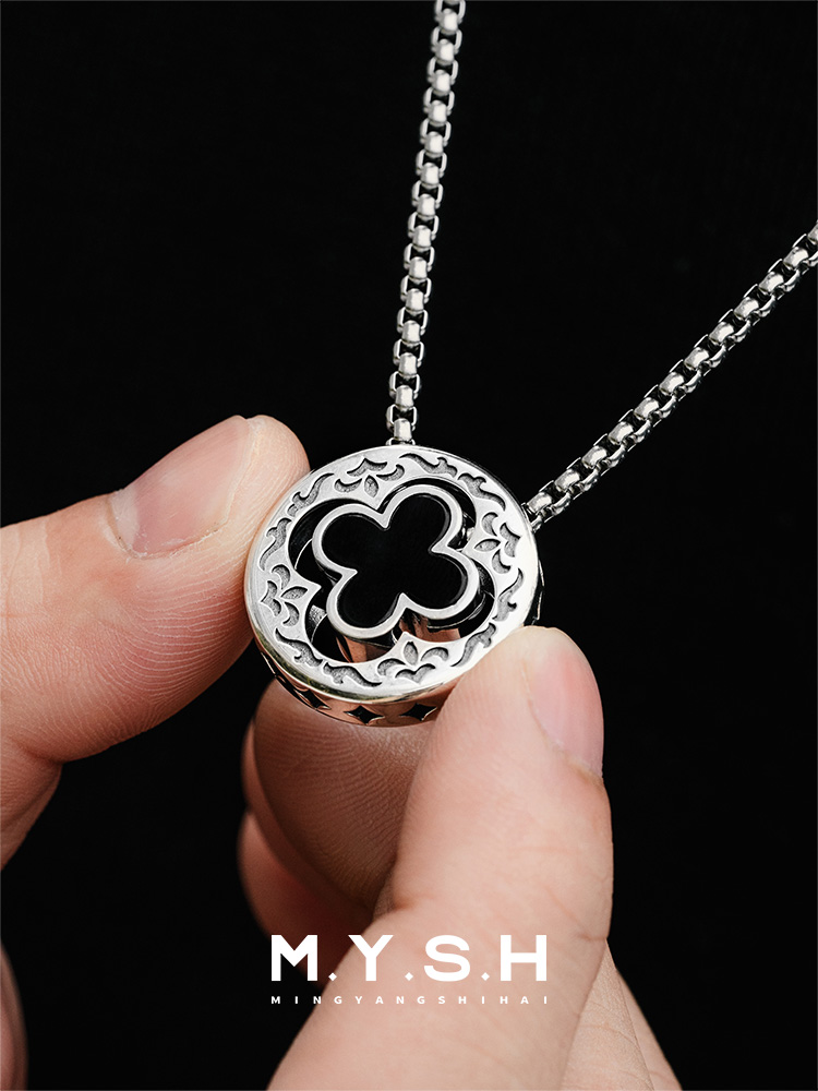 S925 Silver Natural Black Agate Four-Leaf Clover Pendant Necklace